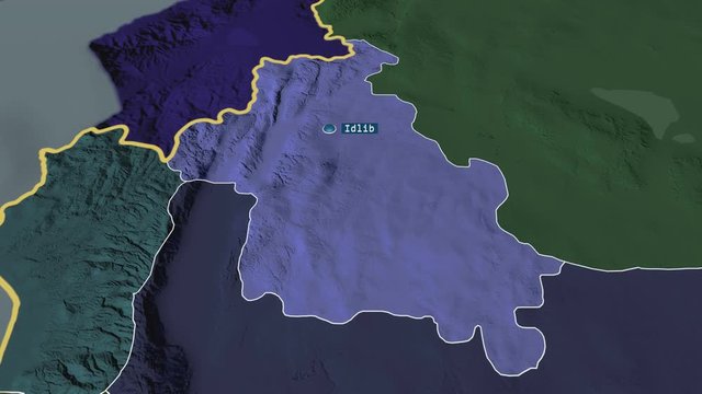 Idlib - province of Syria with its capital zoomed on the administrative map of the globe. Animation 3D