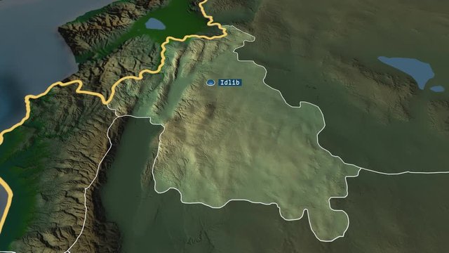 Idlib - province of Syria with its capital zoomed on the physical map of the globe. Animation 3D