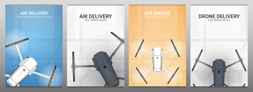 Set of banners. Air delivery. Drone flying over the city. City map on the background. Aerial Drone taking photography and video.