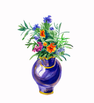 Still Life With A Dark Blue Vase, A Bouquet Of Orange Flowers. Watercolor On A White Background, Isolated Object.