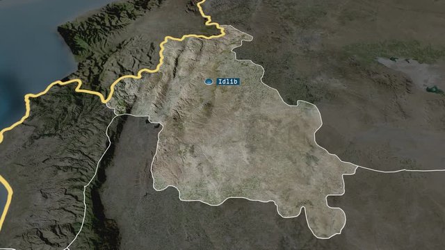Idlib - province of Syria with its capital zoomed on the satellite map of the globe. Animation 3D