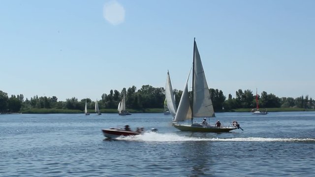  Kherson, Ukrane/-june 1 2019. Boat in sailing regatta on Dniper river.