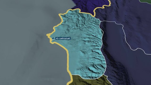 Lattakia - province of Syria with its capital zoomed on the administrative map of the globe. Animation 3D