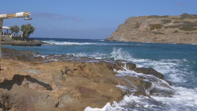 The beautiful Mochlos beach, Nr Sitia, North Eastern Crete with St Nicholas Island offshore