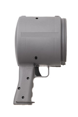 Naklejka premium Flashlight with a large reflector close up on a white background. large hand-powerful lantern isolated on white background.