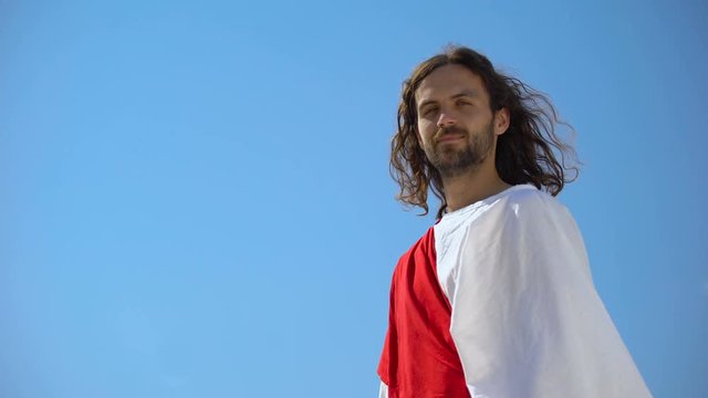 God smiling into camera, rejoicing righteous Christians, template for titles