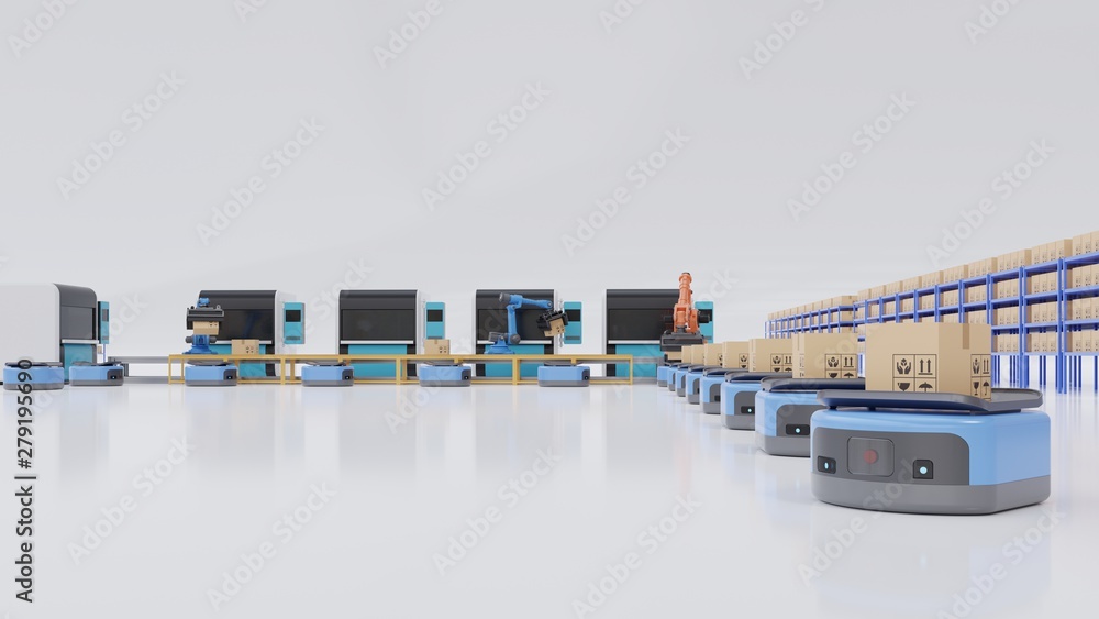 Poster factory automation with automated guided vehicle and robotic arm,3d rendering