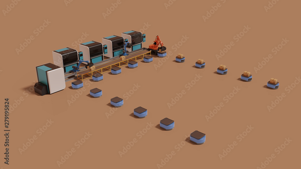 Aufkleber factory automation with automated guided vehicle and robotic arm,3d rendering