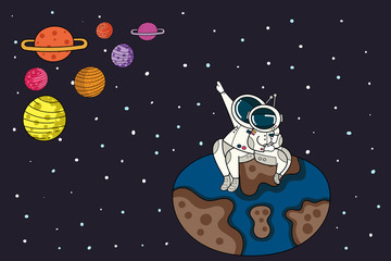 Cute couple astronaut sitting on earth. vector illustration in cartoon style