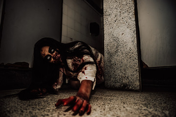 Portrait of asian woman make up ghost face with blood,Horror scene,Scary background,Halloween...