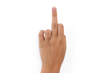 A hand shows an obscene gesture of Fuck you isolated on white background