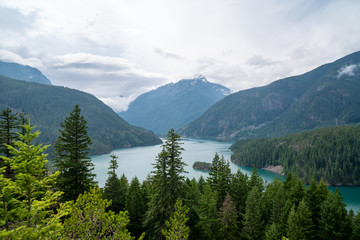 View of Diablo Lake in the North Cascades National Park in Washington State on an overcast summer day