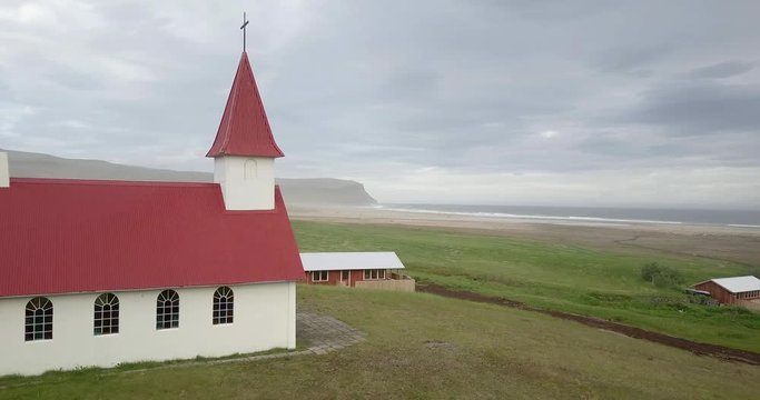 Flying over Church, Western Fjords  Aerial view over Church, Western Fjords, Drone shot, Iceland 