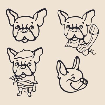 Cute french bulldogs set. Styleish silhouette drawings