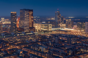 aerial view on the city centre of The Hague at dusk