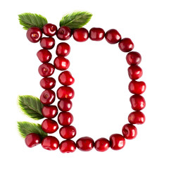 One English letter D Alphabet of ripe cherries. Isolate on white background.