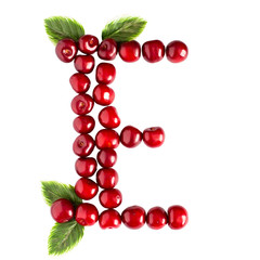 One English letter E Alphabet of ripe cherries. Isolate on white background.