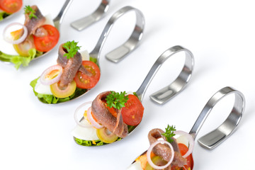 Feine Fischhäppchen mit Ei und Sardelle auf Häppchenlöffel vor weißem Hintergrund – Fine fish appetizers with anchovy fillets and eggs on party spoons placed on a white background 