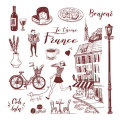 French vintage set of cafe, girl and dachshund, man, bistro, etc. Lettering of french words. Set for postcard, menu, background. Hand drawn style vector doodle design illustration. - obrazy, fototapety, plakaty