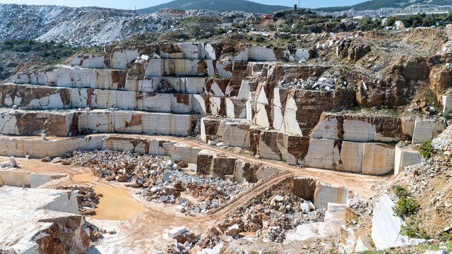 Marble quarry pit full of rocks and blocks in Marmara island, Turkey