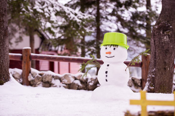 smiling snowman with green hat