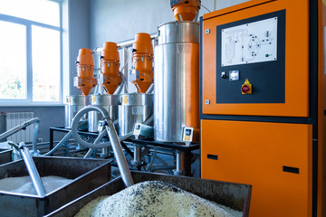 Polyurethane foam pipes production. Manufacturing facility. Automated production facility machine - obrazy, fototapety, plakaty