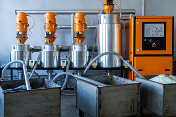 Polyurethane foam pipes production. Manufacturing facility. Automated production facility machine