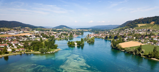 Aerial Drone photography of the beginning part of Rhine river at Lake Constance: Islet Werd, Stein...
