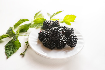 close of fresh organic summer ripe blackberries fileld frame room for text 