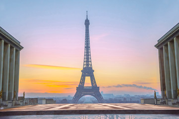 View of the Eiffel tower from observation deck at the Palais de Chaillot in Paris, France