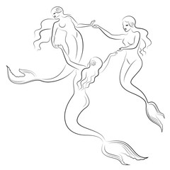 Silhouette of two mermaids. Beautiful girls swim in the water, dance. The lady is young and slim. Fantastic image of a fairy tale. Vector illustration