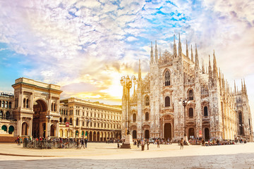 Fototapeta premium Cathedral Duomo di Milano and Vittorio Emanuele gallery in Square Piazza Duomo at sunny morning, Milan, Italy.