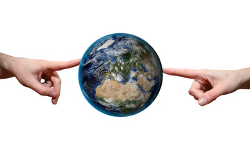 Klima Konzept des Klimawandel - Planet Erde zwischen den Fingern, Finger zeigen auf die Erde