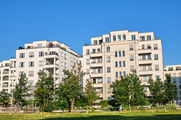 Modern apartment houses with trees seen in Berlin, Germany