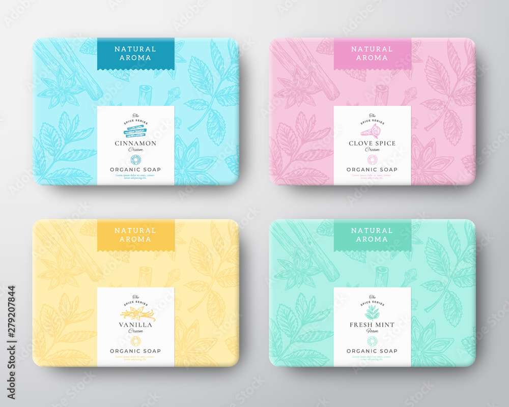 Canvas Prints cinnamon, clove, mint and vanilla soap cardboard boxes set. abstract vector wrapped paper container 