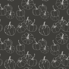 Line art seamless pattern for autumn harvest festival. Hand painted traditional pumpkins with branches isolated on black background. Botanical illustration for design, print or background.