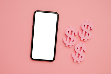 Mobile phone and American dollar symbol, money and technology flatlay
