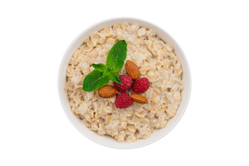 Oatmeal with almonds and raspberries and mint top view isolated on white