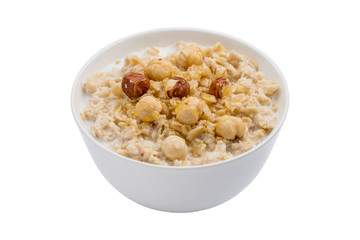 Oatmeal with hazelnut and honey isolated on white