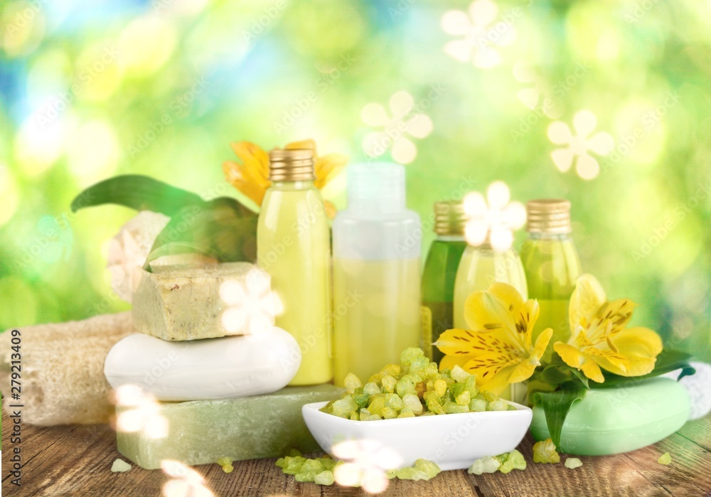 Sticker Bottles with organic essential aroma oils on background