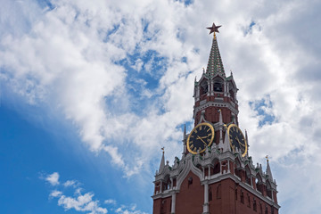 Moscow. Russia. The Red Square. Kremlin. Spasskaya Tower. Russian Federation. Travel to Russia. Hours on Red Square. Chimes on the Spassky Tower. Center of Russia. Kremlin walls.