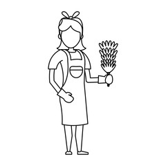 Cleaner worker with cleaning products and equipment in black and white