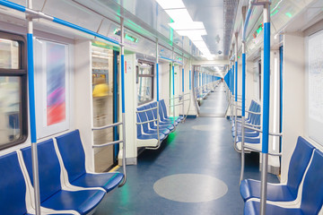 Car train subway inside light interior with simple perspective lines and opened doors. Symbol of...