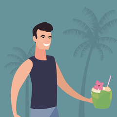 man holding cocktail on palm tree background