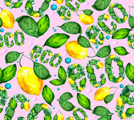 Watercolor seamless background with juicy lemon and fresh green leaves. Juicy illustration for textiles, Wallpapers and backgrounds are delicious.