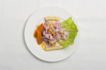 Peruvian food: "ceviche" with textured background. Top view.