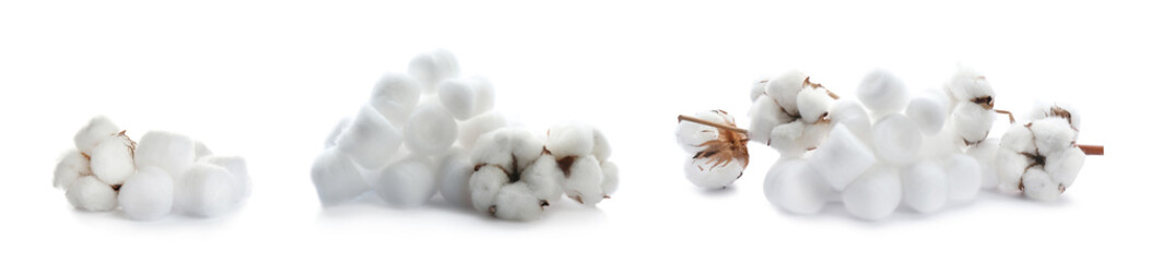 Set of soft cotton rolls and flowers on white background. Banner design