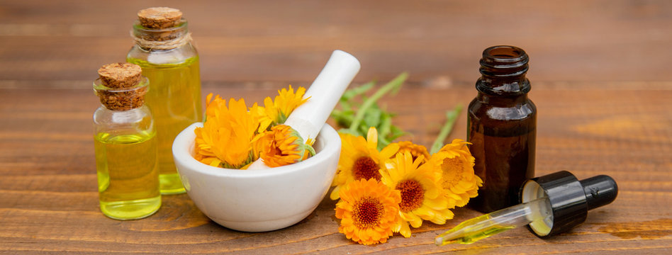 The calendula extract. Medicinal plants. Selective focus.