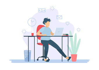 The man is working on a computer. Work place, freelance. Vector illustration