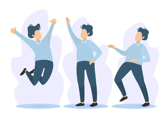 Man in different characters. Gives five, hugs, dances, celebrates victory. Vector illustration